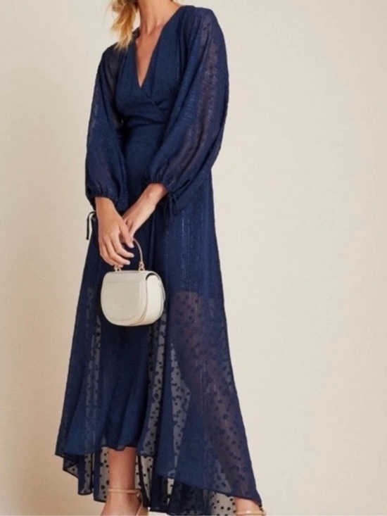 Anthropologie Dresses & Skirts - Anthropologie Name brand V-Neck Navy Maxi Dress with Sheer Dot Sleeve